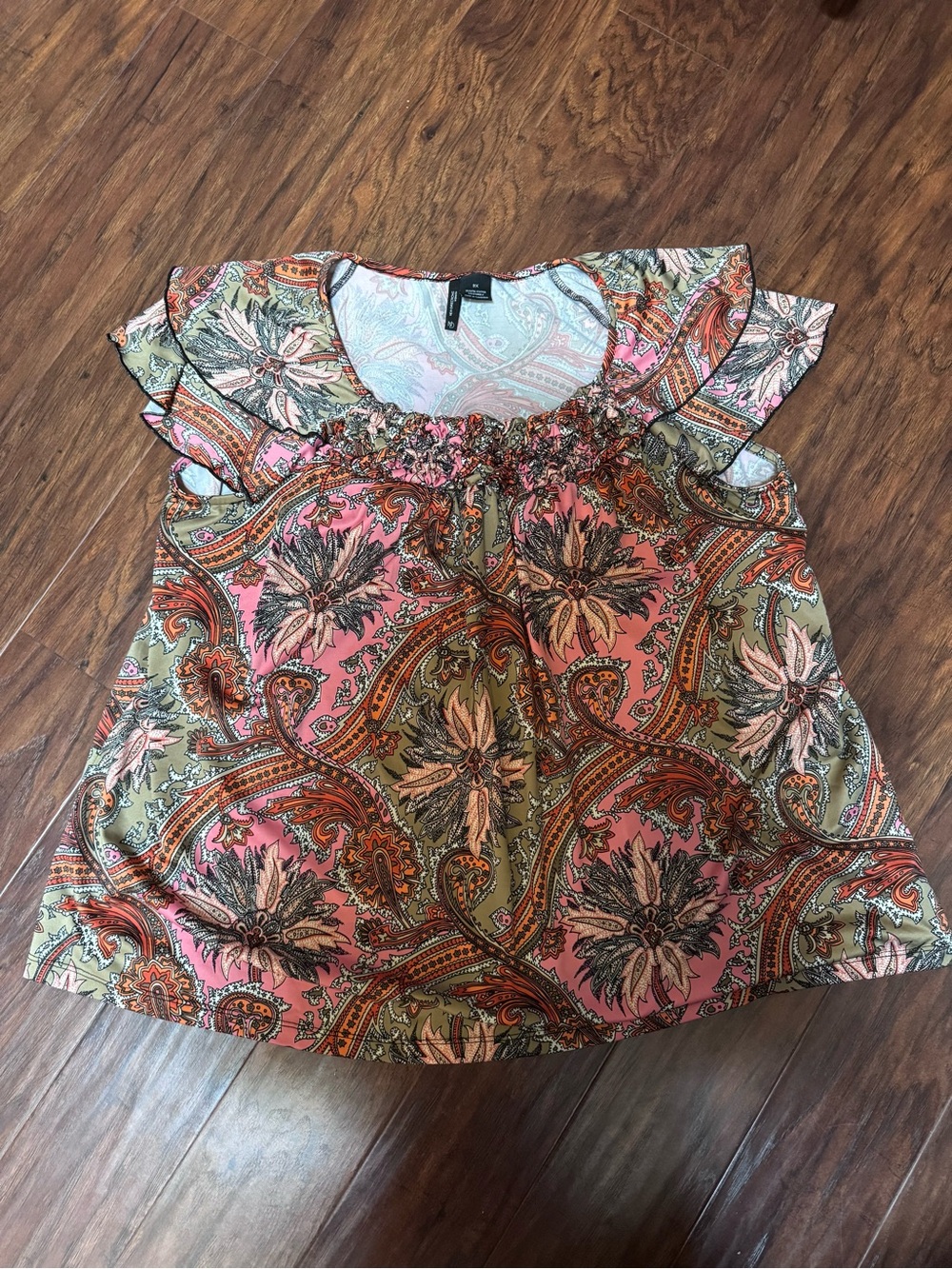 new directions Pink and Orange Paisley Trim Blouse